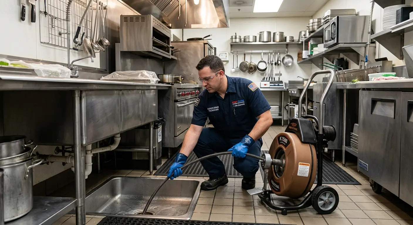 Commercial drain cleaning service in a restaurant kitchen in Westlake