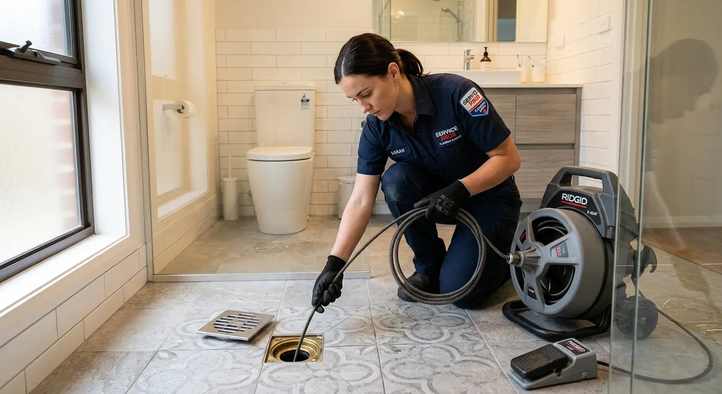 Technician clearing a bathroom floor drain for Hydro Jetting in Westlake